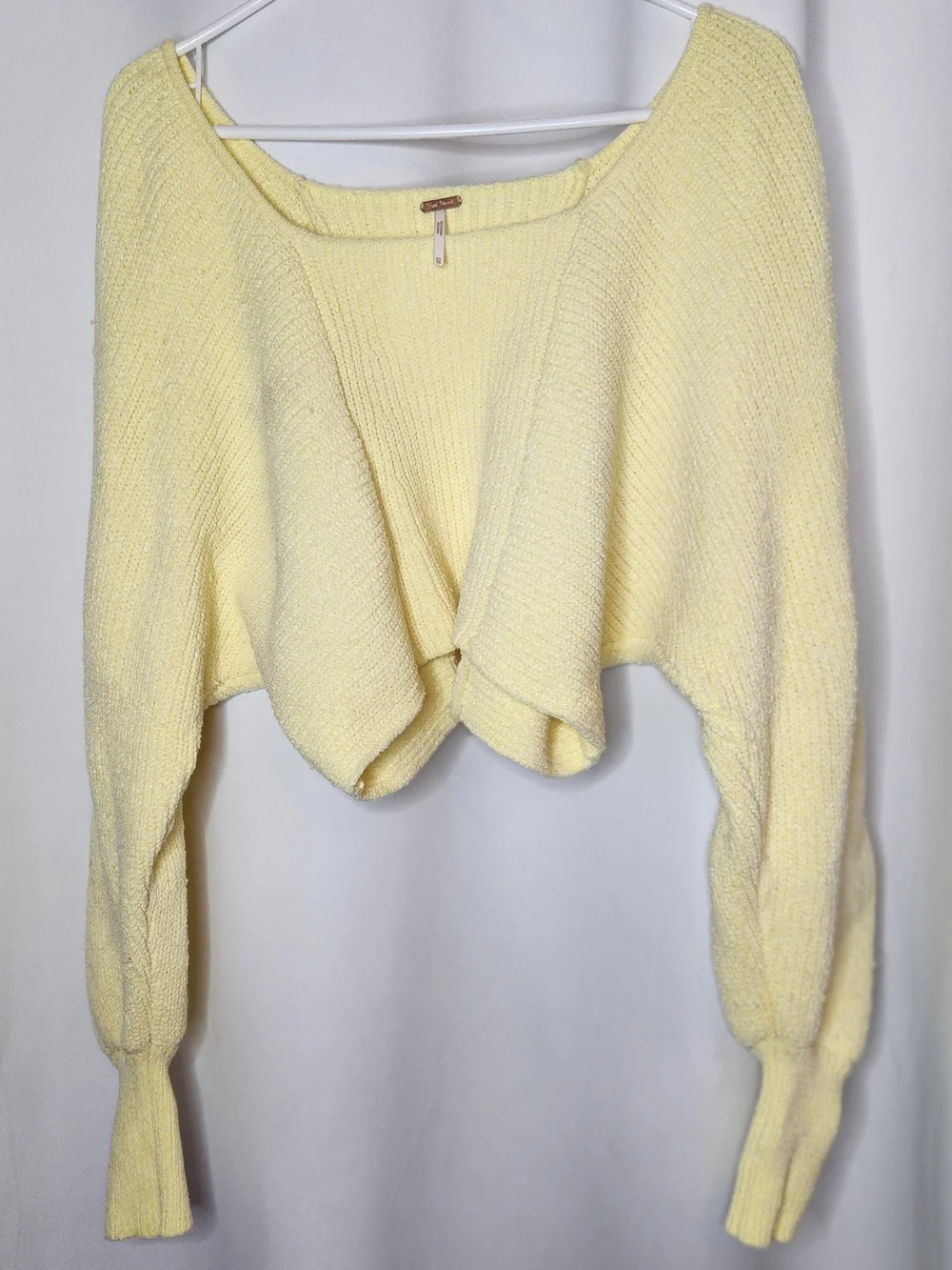 Free People Pale Yellow Off-Shoulder Cropped Knit Sweater